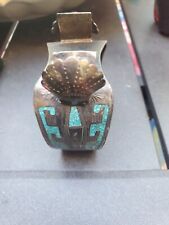 Native American Blue Turquoise Channel Inlay Sterling Silver Watch Bracelet picture