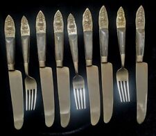 VTG Thai Star of Siam Sitting Buddha Brass with wood 6 Butter Knives 3 Forks picture
