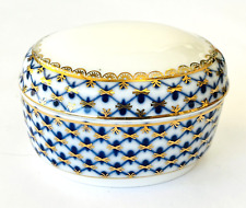 St Petersburg Porcelain Jewelry Trinket Box Cobalt Blue & Gold on White Russia picture
