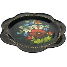 Vintage Zhostovo Toleware Tray Signed USSR Russian 7” Metal Hand Painted Scallop picture