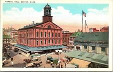 Faneuil Hall Boston MA US Flag Horse Carriage Automobile Covered Wagon Postcard picture