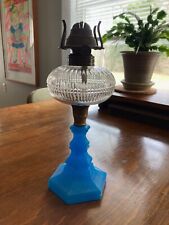 Antique American Glass kerosene oil lamp 19th C Starch Blue Glass picture