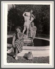 Three girls women Interesting composite Park sculpture Fountain Camera old photo picture