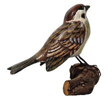 Vintage Hand Carved Painted Wooden Eurasian Tree Sparrow on Driftwood Folk Art picture