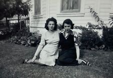 Two Women Sitting On Grass By House B&W Photograph 3.25 x 5.25 picture