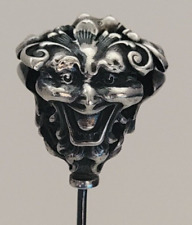 Antique GOTHIC LAUGHING FACE THREE-SIDED HATPIN 6 1/4 INCH Sterling? NOT MARKED picture