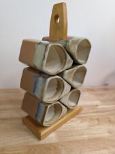 Vintage Rodolfo Padilla Stacking Coffee Mugs Set Of 6 W/ Wood Stand - Drip Glaze picture