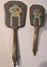 Vintage Hand Held Mirror and Brush Vanity Set Gold Tone Metal Floral Design Back picture