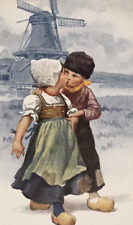 Artist Signed H. Feiertag Dutch Children Kissing Postcard Windmill Wooden Shoes picture