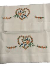 2 Vtg Handmade Embroidered Matching Pillow Cases Standard Size Heart Floral picture
