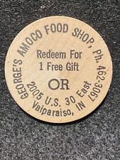 Valparaiso, IN George’s AMOCO Three 1 Free Gift Food Shop Token Wooden Nickel picture