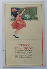 Vintage 1926 Christmas Girl Decorating Tree Ornaments Christmas Posted Postcard picture
