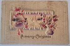 Vtg 1910 Christmas Victorian 3D Postcard Raised Germany Winter Scene Bells Holly picture