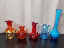Vintage Mini Pitcher / Vase Glass Lot Bright Orange Red Blue Crackle picture