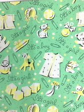 Vintage 1960's Baby Shower Wrapping Paper Green Yellow Gender Neutral Teddy Toys picture