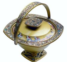 Vintage Cabasso Israel Judaica Enamel Gold Tone Mosaic Lidded Bowl w Handle picture