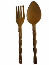 VTG MCM 26” LARGE CARVED WOODEN FORK AND SPOON WALL DECOR WOOD TIKI TOTEM picture