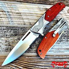 9” Tactical Spring Assisted Camping Wood Handle OPEN Folding Blade POCKET Knife picture