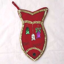 Vintage Cat Christmas Stocking Fish Shaped Sequined Beaded Best Kitty Rare picture