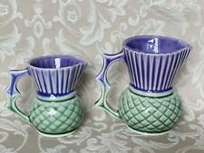 West Highland Pottery Dunoon Thistle Shape Small Purple And Green Creamers picture
