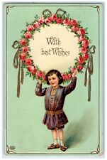 1910 Best Wishes Boy Roses Flowers Gel Gold Gilt Oneonta NY Antique Postcard picture