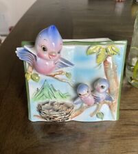 Vintage Norcrest Ceramic Blue Bird Mama And Babies Planter Japan Anthropomorphic picture