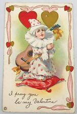 VTG Stecher Litho Young Boy Pierrot Clown w/ Guitar Valentines Day Postcard 313C picture