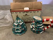 Vtg Holly Tree Christmas Tree Creamer & Sugar Bowl Set Ceramic Rare picture