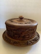 Wooden Cake Stand Large Hand Carved Covered Serving Plate Wood 15” Vintage picture