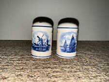 2 Vintage Delft Salt Shakers Blue/White Windmill Sailboats Cottage/Granny Core picture