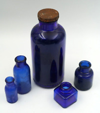 Antique Apothecary Cobalt Blue Glass Drug Cure BOTTLES Bottle Lot of 5 picture