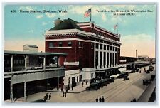 c1910's Union Station Train Terminal Classic Cars Spokane Washington WA Postcard picture
