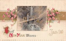 1912 Winsch New Year PC-Pink Heather & Scene of Lady Crossing Bridge by Waterfal picture