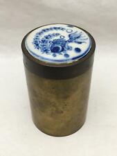 Lovely Heavy Brass Jar w Porcelain Inlay on Top w Cobalt KOI & Pond Plants 3.5