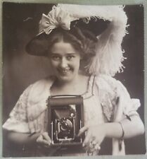 Antique Photo of Lady Wearing Fancy Hat Holding a Camera Victorian Photograph picture
