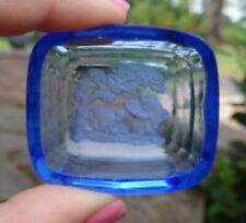Tiny Blue Intaglio Glass Open Salt Dip, Cellar, Dish w/Figures picture