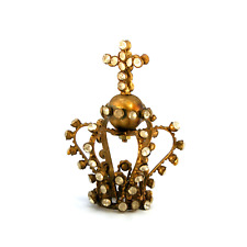 1in Tiny Jeweled Santos Kings Crown, Ornate Antiqued Gold Rhinestone Orb and Cro picture