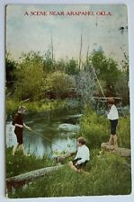 1910 OK Postcard A Scene Near Arapaho Oklahoma Boys Fishing creek river stream picture