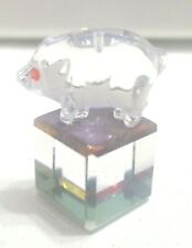 Glass Miniature Pig with Swarvoski Orange Eyes on Mirrored Crystal Cube Stand picture