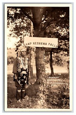 MenOMINEE INDIAN RESERVATION  rppc Keshena Falls~  Chief w peace pipe picture
