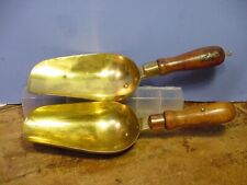 2 SIGNED Antique 11” Brass & Wood Handle Scoops; Candy/Grains/Flour Kitchen Deco picture