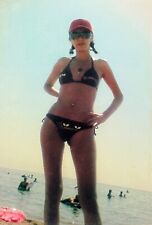 2000s Vintage Photo Beach Slender Young Woman Bikini Posing on Sea picture