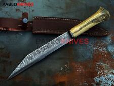 Rare Viking Seax Knife Hand Forged Damascus Steel Hunting Camel Bone Grip picture