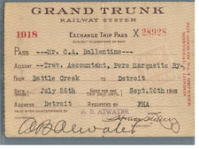 1918  Grand Trunk Railway System  Trip Pass  Battle Creek to Detroit picture