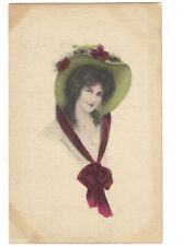 c1910 Beautiful Woman Art Green Hat Red Ribbon Gorgeous Artist Signed Postcard picture