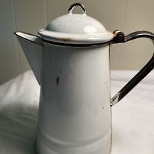 Vintage White Enamel Coffee Boil Pot Percolator Enamelware 8” Hinged Lid picture