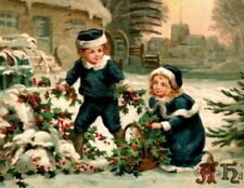 c1910 Cute Boy Girl Dark Blue Coats Gather Holly Baskets Victorian Christmas picture