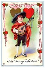 1921 Valentine Boy Big Hat Playing Guitar Lute Serenade Hearts Vintage Postcard picture