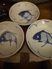 Vintage Chinese Porcelain Blue Koi Fish Soup Salad Bowls 6.5
