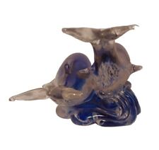 Vtg Large Glass Murano Style  Glass Dolphin Pair Statue Paperweight Blue White picture